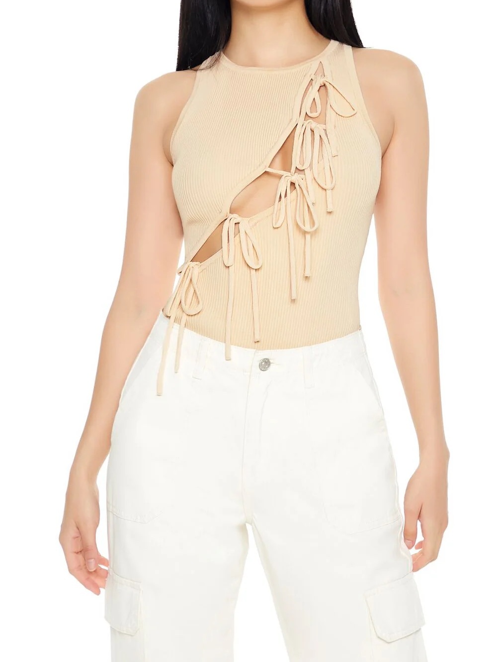 Forever 21 Beige Ribbed bodysuit with Front Tie Cutouts